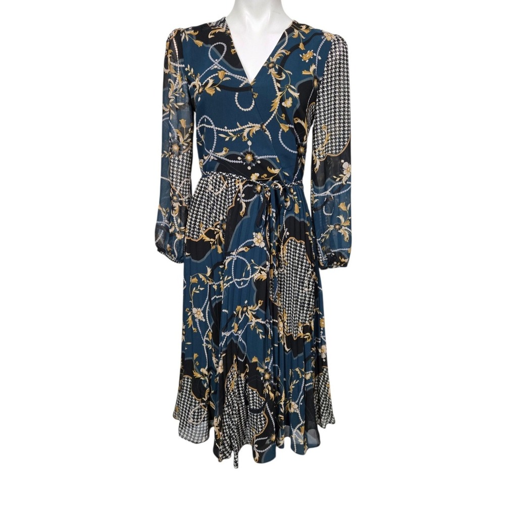 Ann Taylor Dress Size 6 Blue Mixed Print Pleated Scarf Wrap Houndstooth